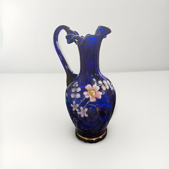 Vtg Cobalt Blue Glass Pitcher Hand Blown Hand Painted Flowers Ruffled Gilded - Picture 1 of 5